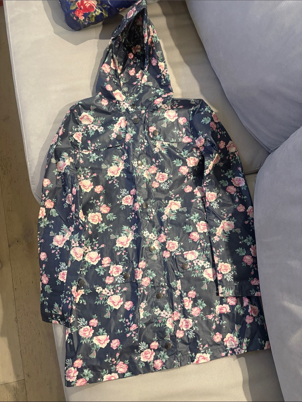 Floral Hooded Raincoat in Navy with Pink Roses